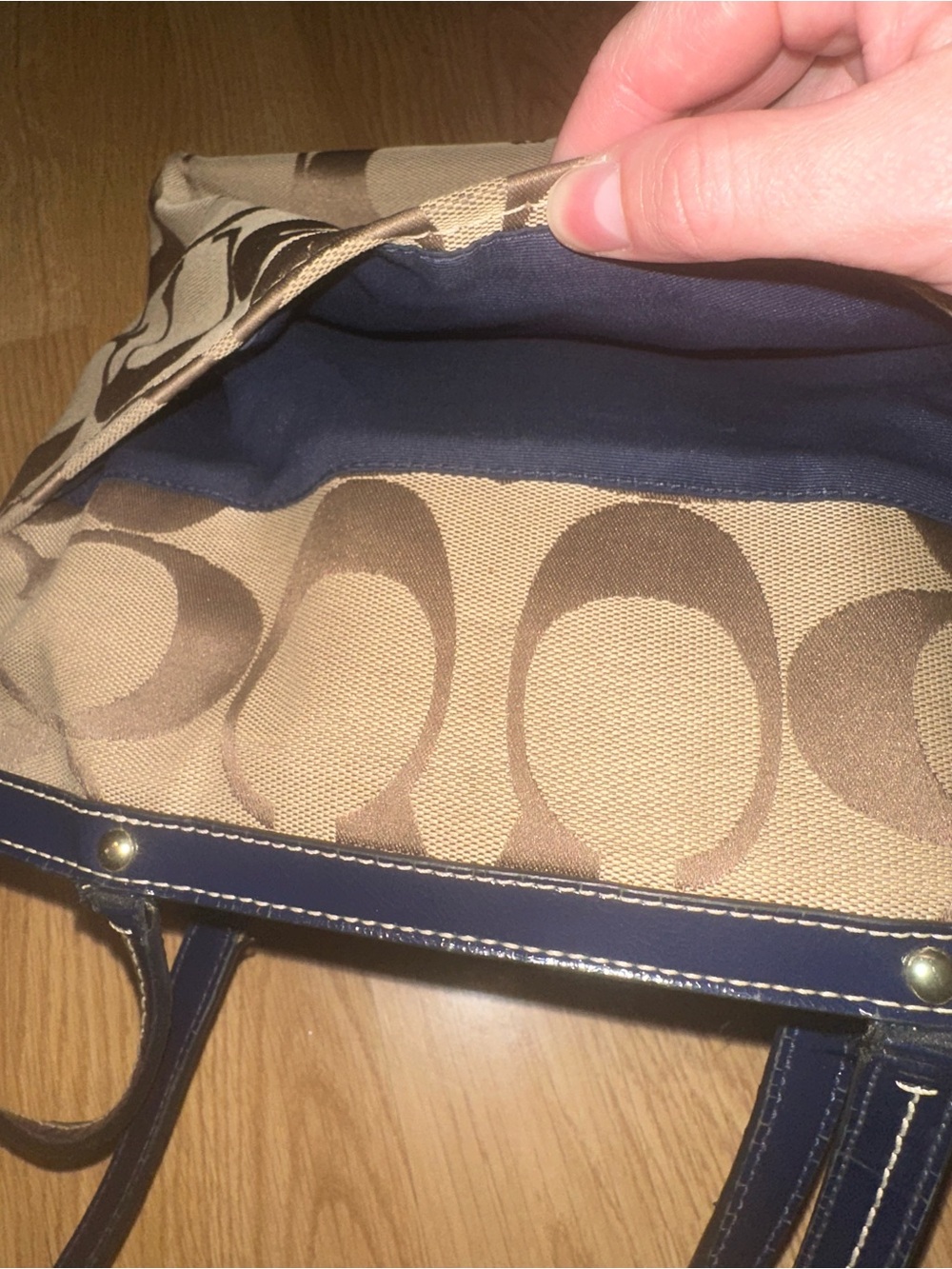 Coach Brown Signature Canvas Tote with Navy Center Stripe - Picture 11 of 11